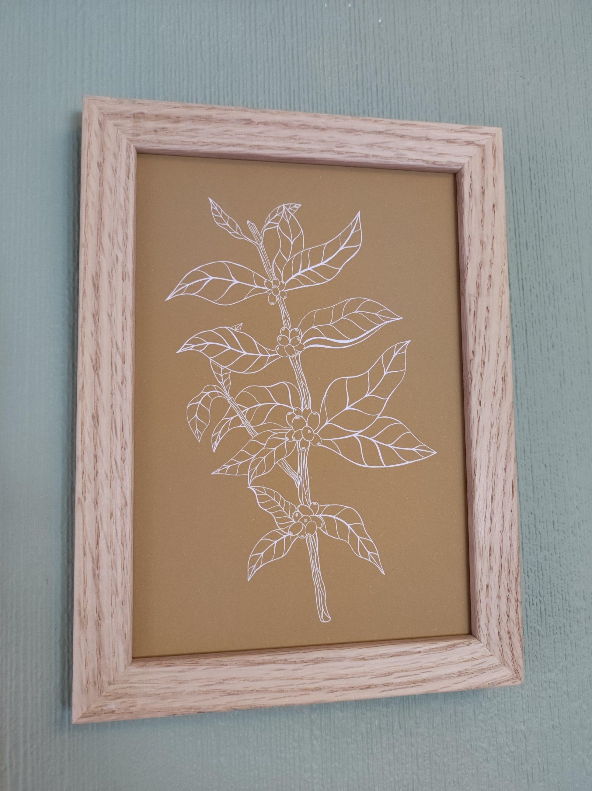 Botanical Coffee Plant Art Print Mustard Background - Sølv Lines