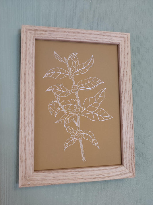 Botanical Coffee Plant Art Print Mustard Background - Sølv Lines