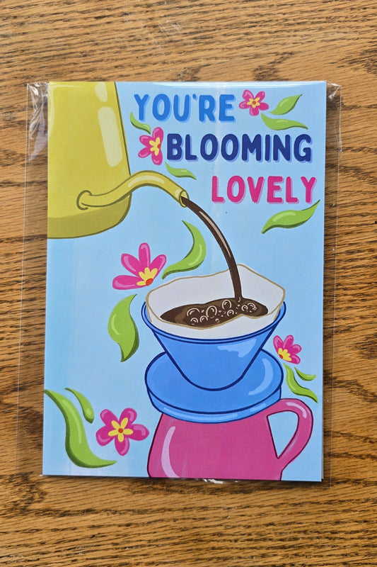 an art print with a gooseneck kettle pouring coffee into a coffee filter. 